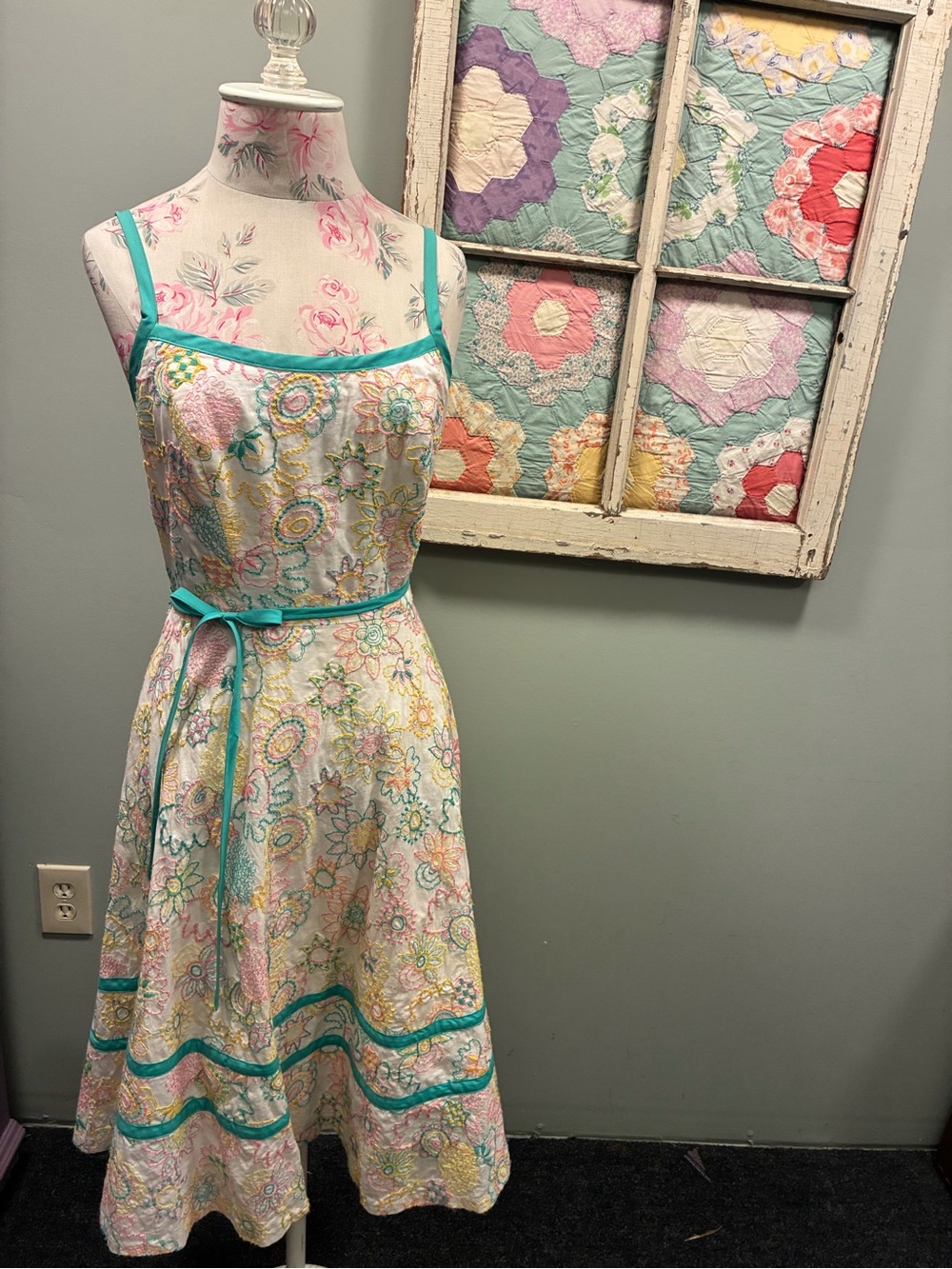 Milly Pastel Floral Midi Dress with Teal Trim